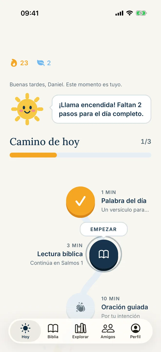 Pantalla Hoy de Nuah con la racha de días y el camino de hoy
