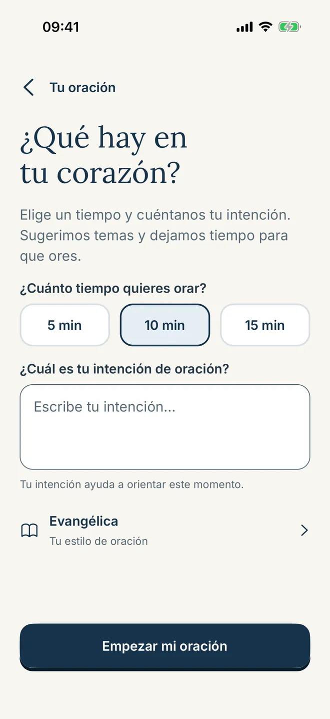 Pantalla de oración guiada que pregunta qué hay en tu corazón