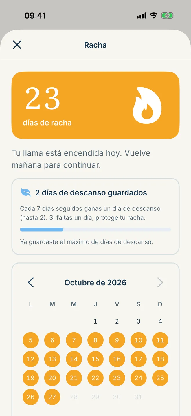 Pantalla de racha de días