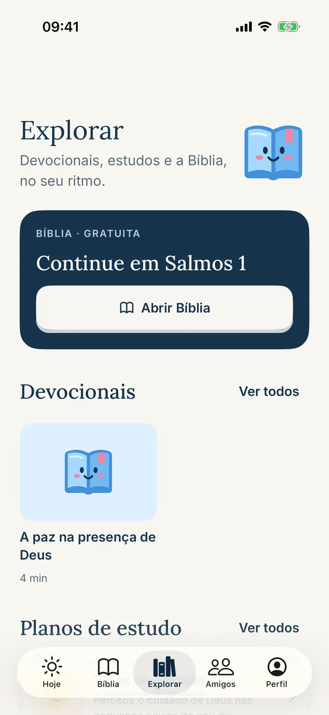 Tela Explorar com devocionais e planos de estudo