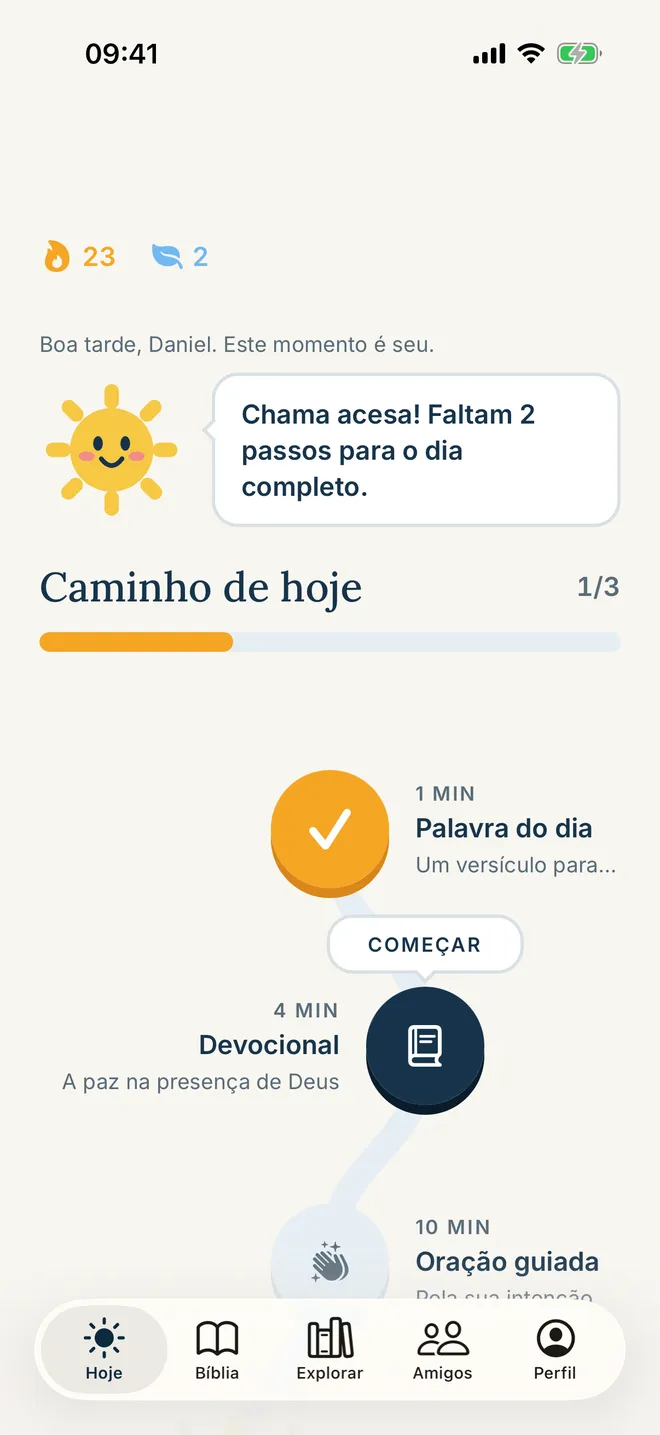 Tela Hoje do Nuah com a sequência de dias e o caminho de hoje