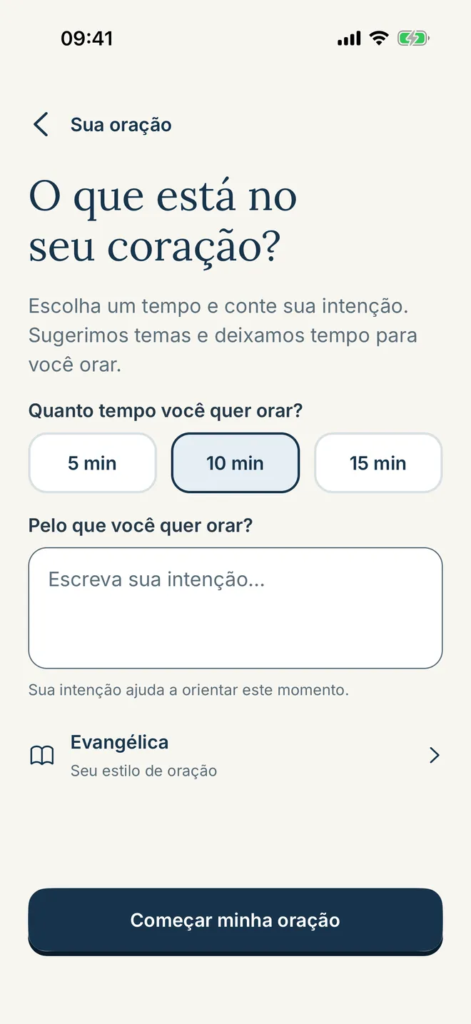 Tela de oração guiada perguntando o que está no seu coração