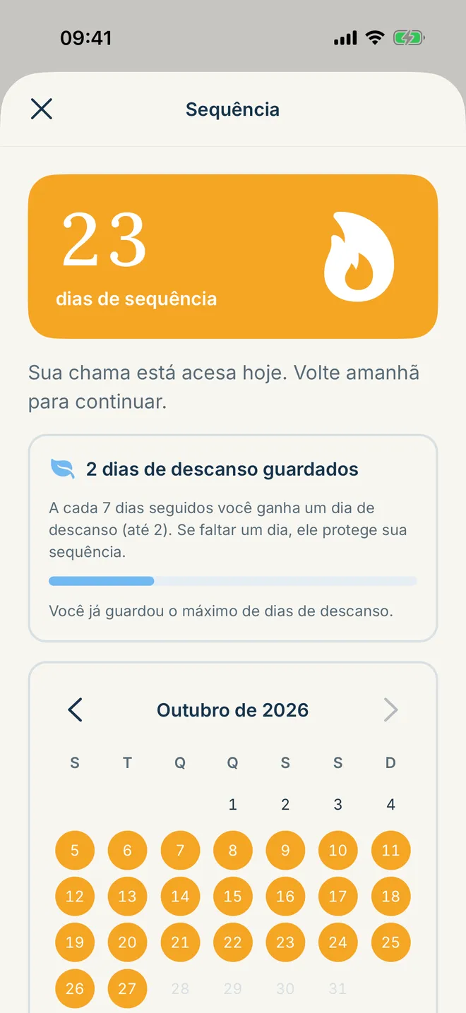 Tela de sequência de dias